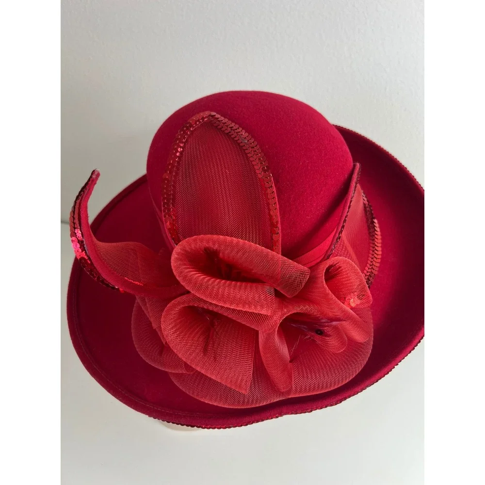 Vintage Deborah Fashions Red 100% Wool Church Formal Derby Wide Brim Hat USA